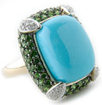 Carlo viani Gold cushion cut turquoise and tsavorite diamond ring