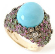 Carlo viani Gold Turquoise multi gemstone diamond flower ring