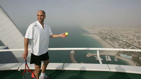andre agassi tennis star on helipad of burj al arab hotel